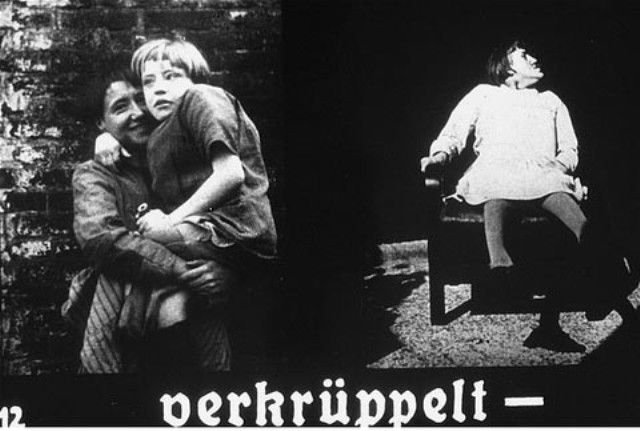 Propaganda slide featuring two images of physically disabled children